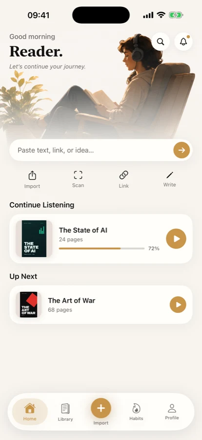 The Mirent home screen, showing a part-finished report under Continue Listening.