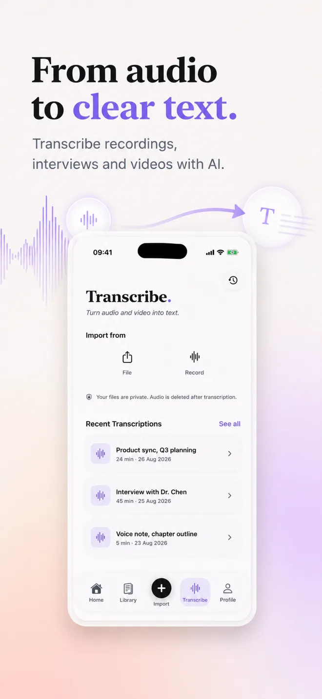 From audio to clear text. Transcribe recordings, interviews and videos with AI. The Mirent transcribe screen listing recent transcriptions.