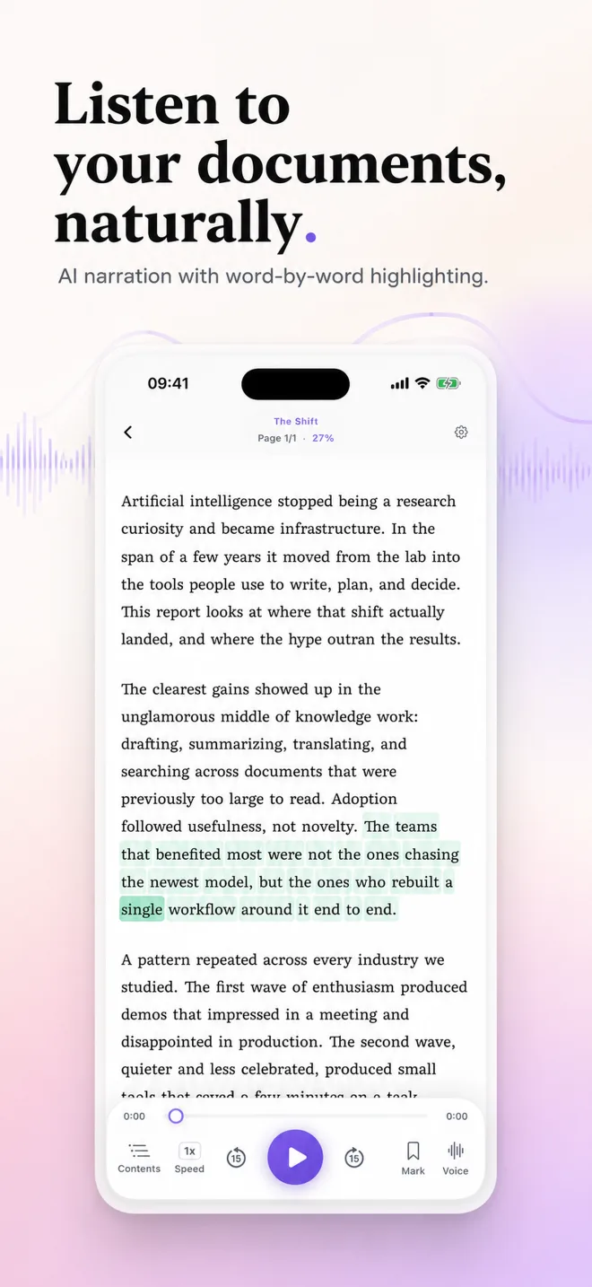 Listen to your documents, naturally. AI narration with word-by-word highlighting. The Mirent reader mid-sentence, words lit as they are read.